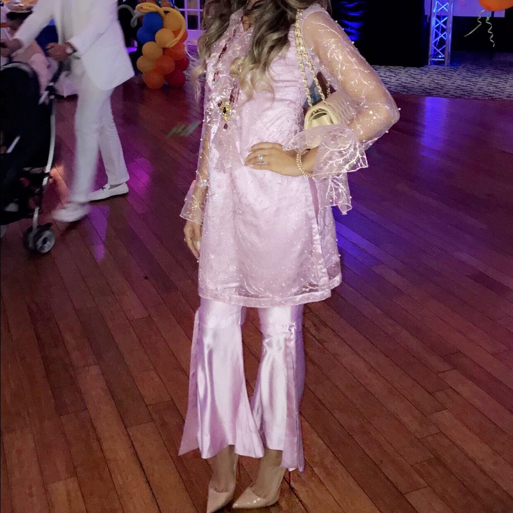 Mesh Pakistani outfit pink and pearls with ruffle